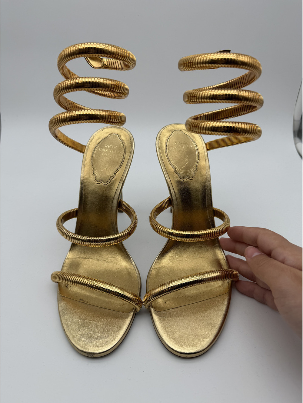 Rene Caovilla Gold Snake Spiral-Wrap Stiletto Heel, Size 38